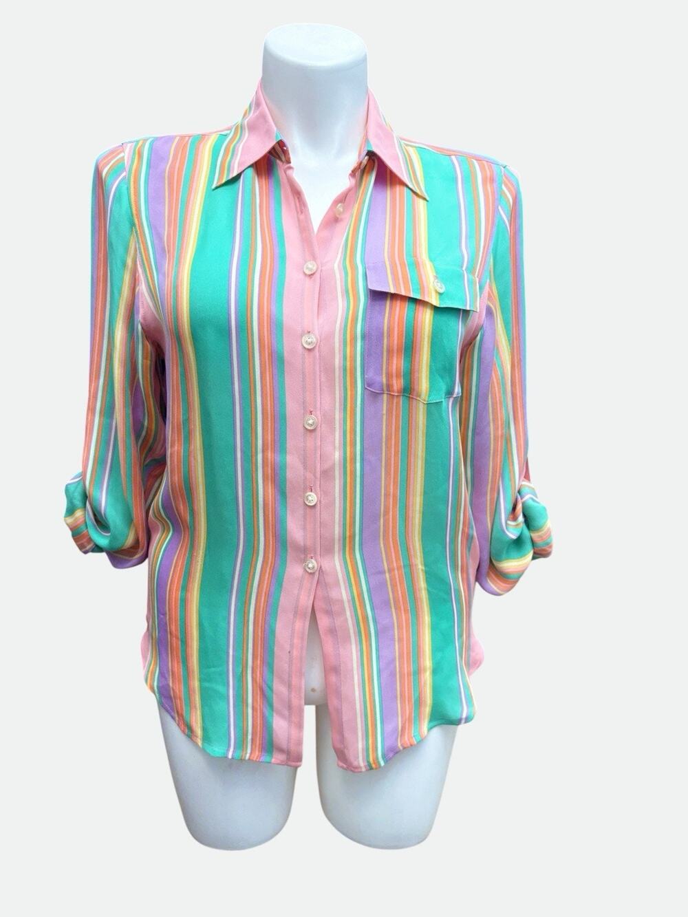 Lauren Ralph Lauren Pink Multi Pastel Striped Tab Sleeve Silk Button-Up Shirt 10